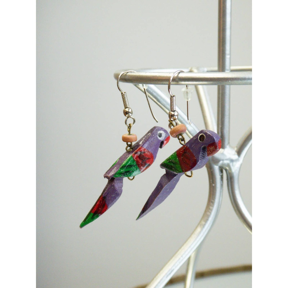 Vintage Purple Wooden Parrot Dangle Earrings 80s Jewelry